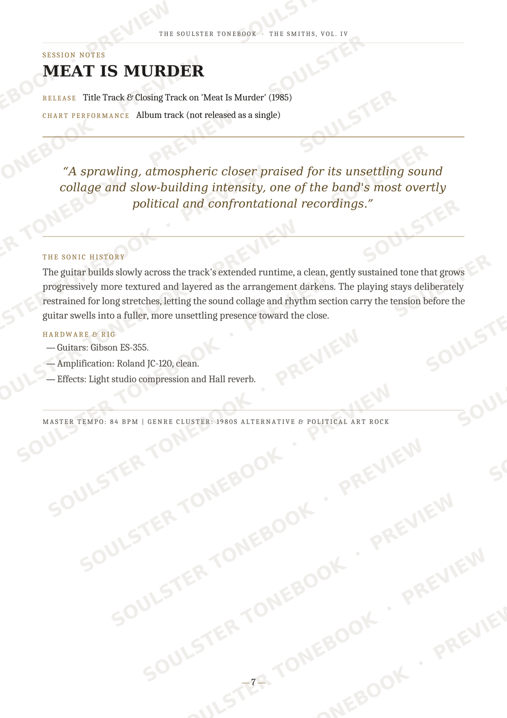 A page from a music book or album liner notes featuring the track 'MEAT IS MURDER' by Smiths Vol. 10, with release details, a review quote, and track history.