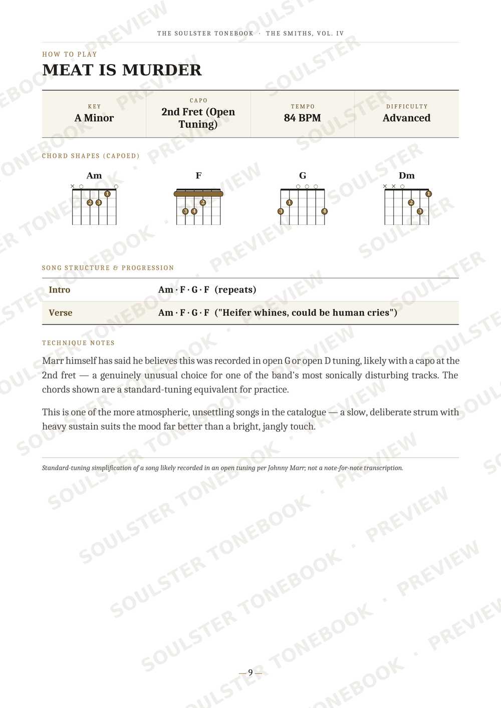 A guitar tab sheet music page for the song 'MEAT IS MURDER' from The Slaughter Tomorrow / The Smiths Vol. 10, showing chord diagrams, notes, and lyrics with a light beige background and black text.