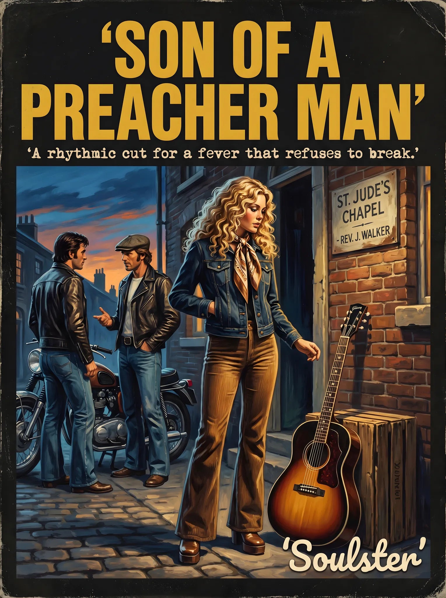 Soulster cinematic vintage pulp book cover art print illustration styled in a classic 1970s theme inspired by Son Of A Preacher Man.