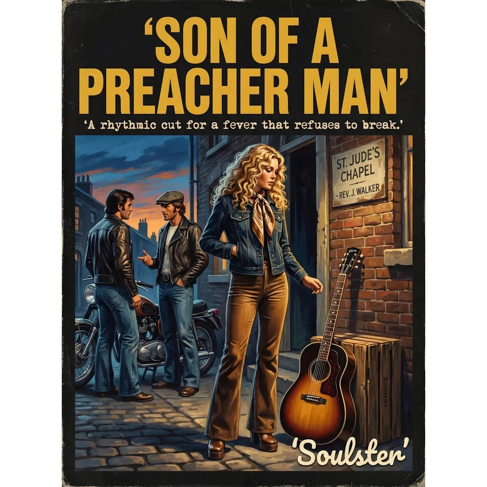 Soulster cinematic vintage pulp book cover art print illustration styled in a classic 1970s theme inspired by Son Of A Preacher Man.