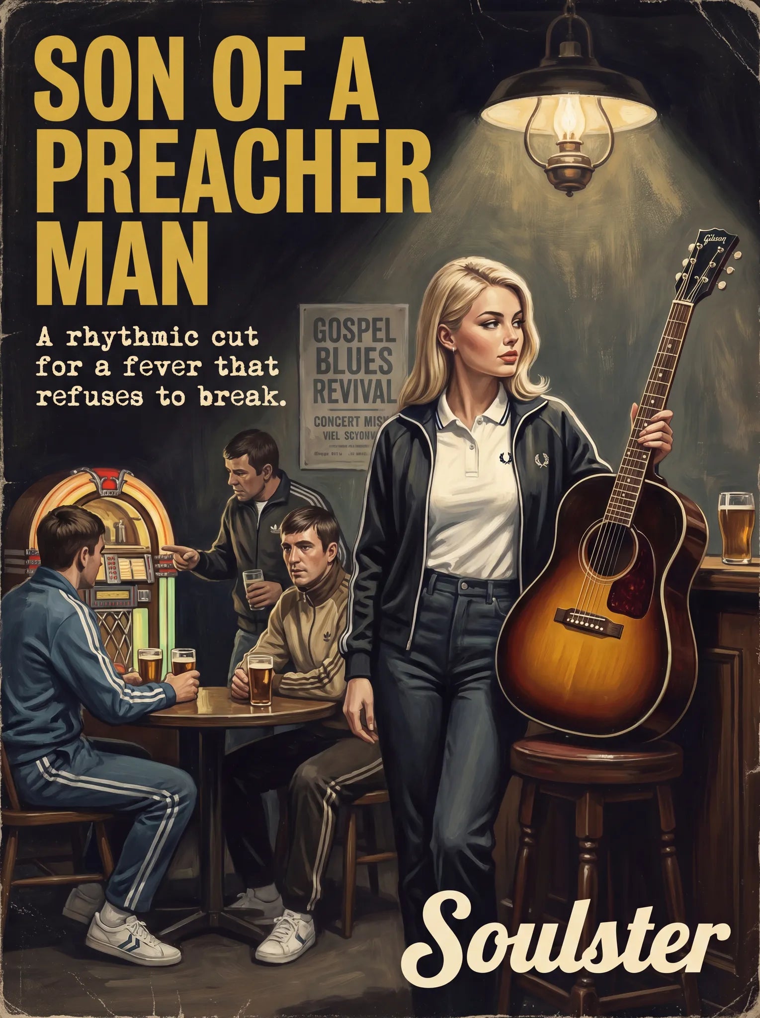 Soulster retro pulp thriller book cover style art print illustration inspired by Alternative Indie - Son Of A Preacher Man.
