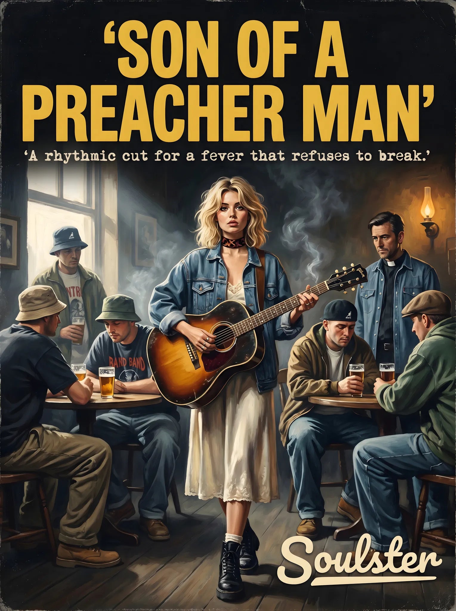 Soulster cinematic vintage pulp book cover art print illustration styled in a classic 1990s theme inspired by Son Of A Preacher Man.