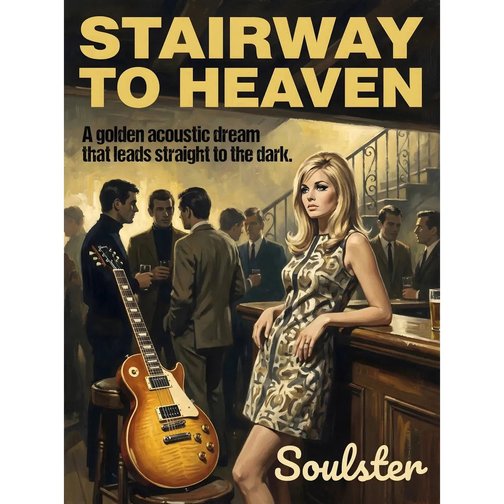 Soulster cinematic vintage pulp book cover art print illustration styled in a classic 1960s design layout inspired by Stairway To Heaven.