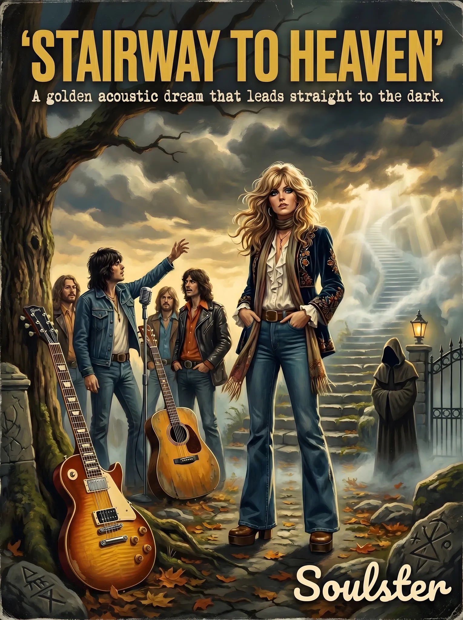 Soulster cinematic vintage pulp book cover art print illustration styled in a classic 1970s design layout inspired by Stairway To Heaven.