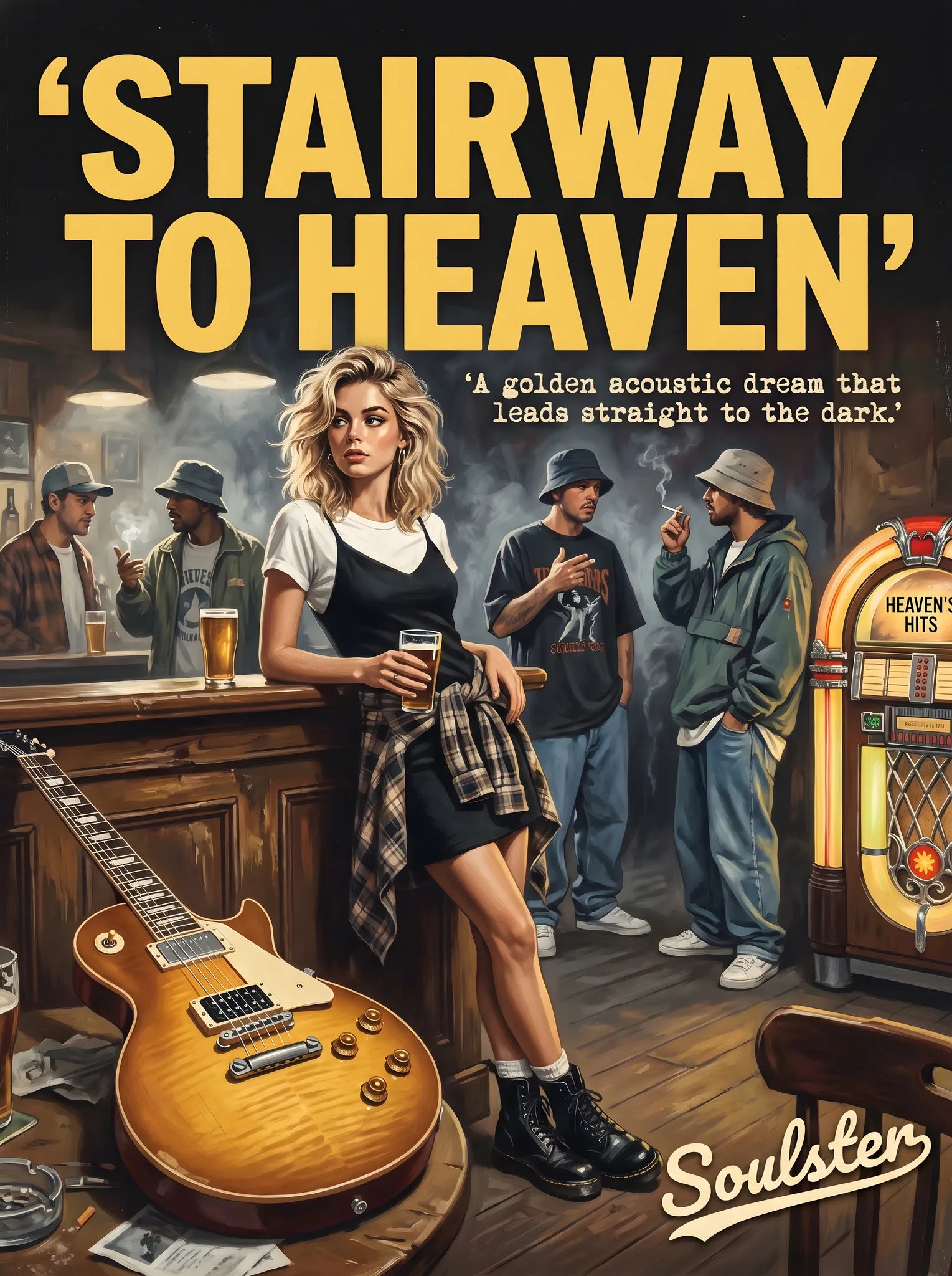 Soulster cinematic vintage pulp book cover art print illustration styled in a classic 1990s design layout inspired by Stairway To Heaven.