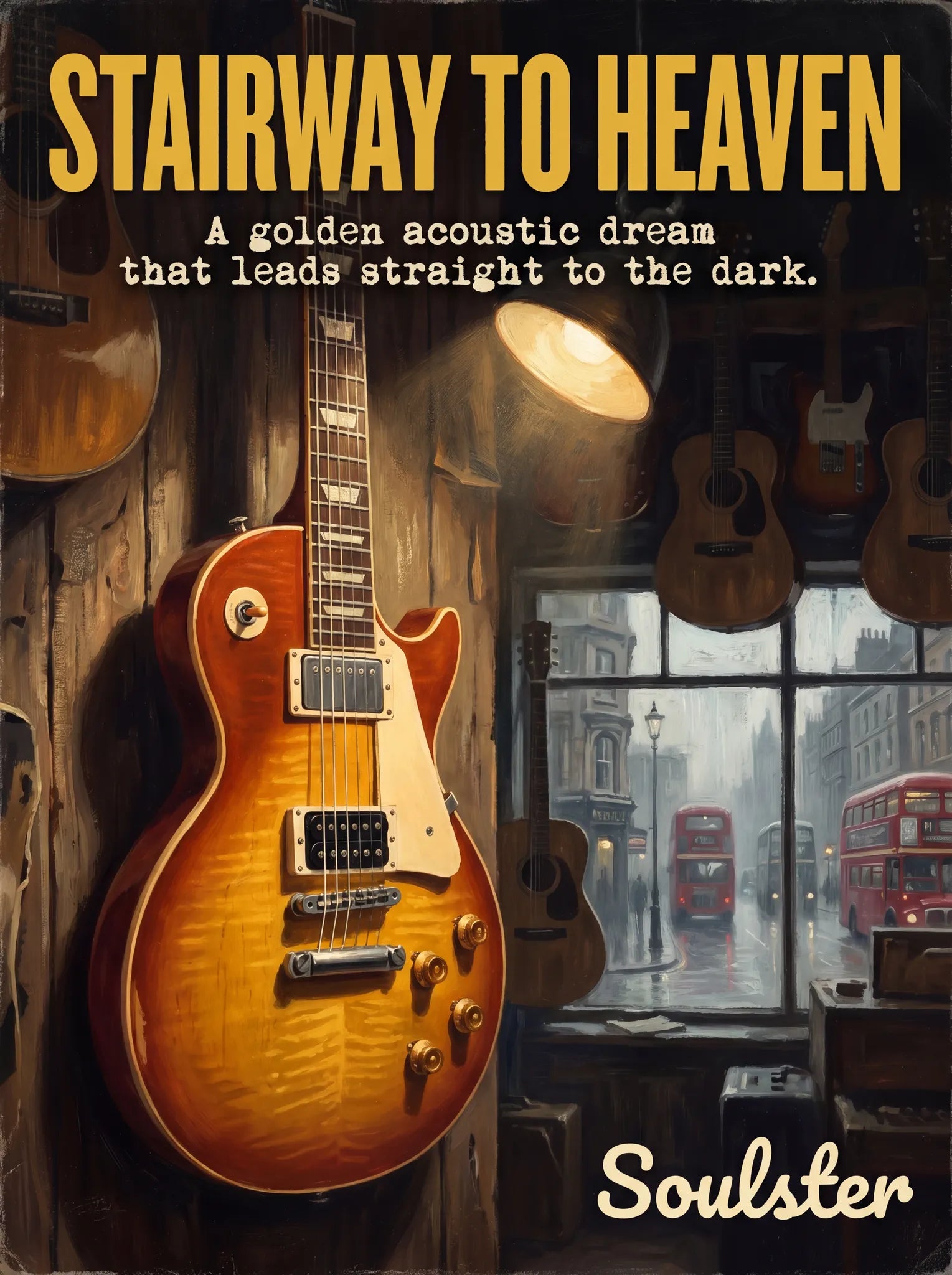 Soulster Manchester Edition wall art print showing a cinematic pulp style design of a Gibson Les Paul Standard inspired by Stairway To Heaven - London.