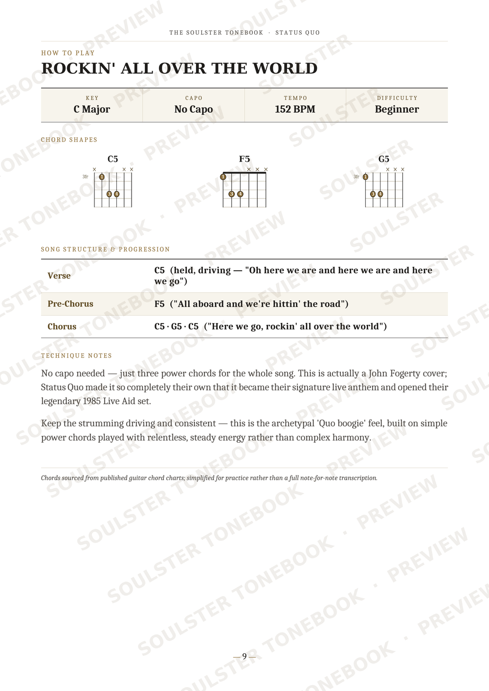 A guitar chord sheet page titled 'ROCKIN' ALL OVER THE WORLD' with chord diagrams for C Major, No Capo, 152 BPM, and Beginner level. The page includes fretboard diagrams for C, F, and G major chords, a verse and chorus section, and chord notes, presented on a white background with faint diagonal watermark text.