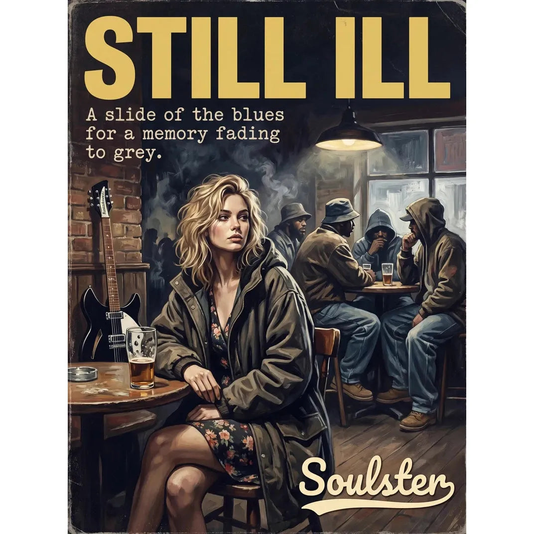 Soulster cinematic vintage pulp book cover art print illustration styled in a classic 1990s design layout inspired by Still Ill.