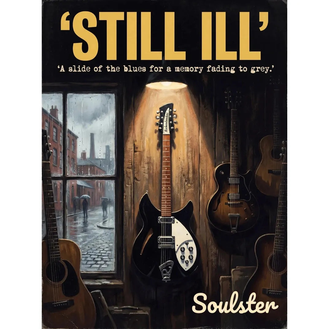 Soulster Manchester Edition wall art print showing a cinematic pulp style design of a Rickenbacker 330 inspired by Still Ill.