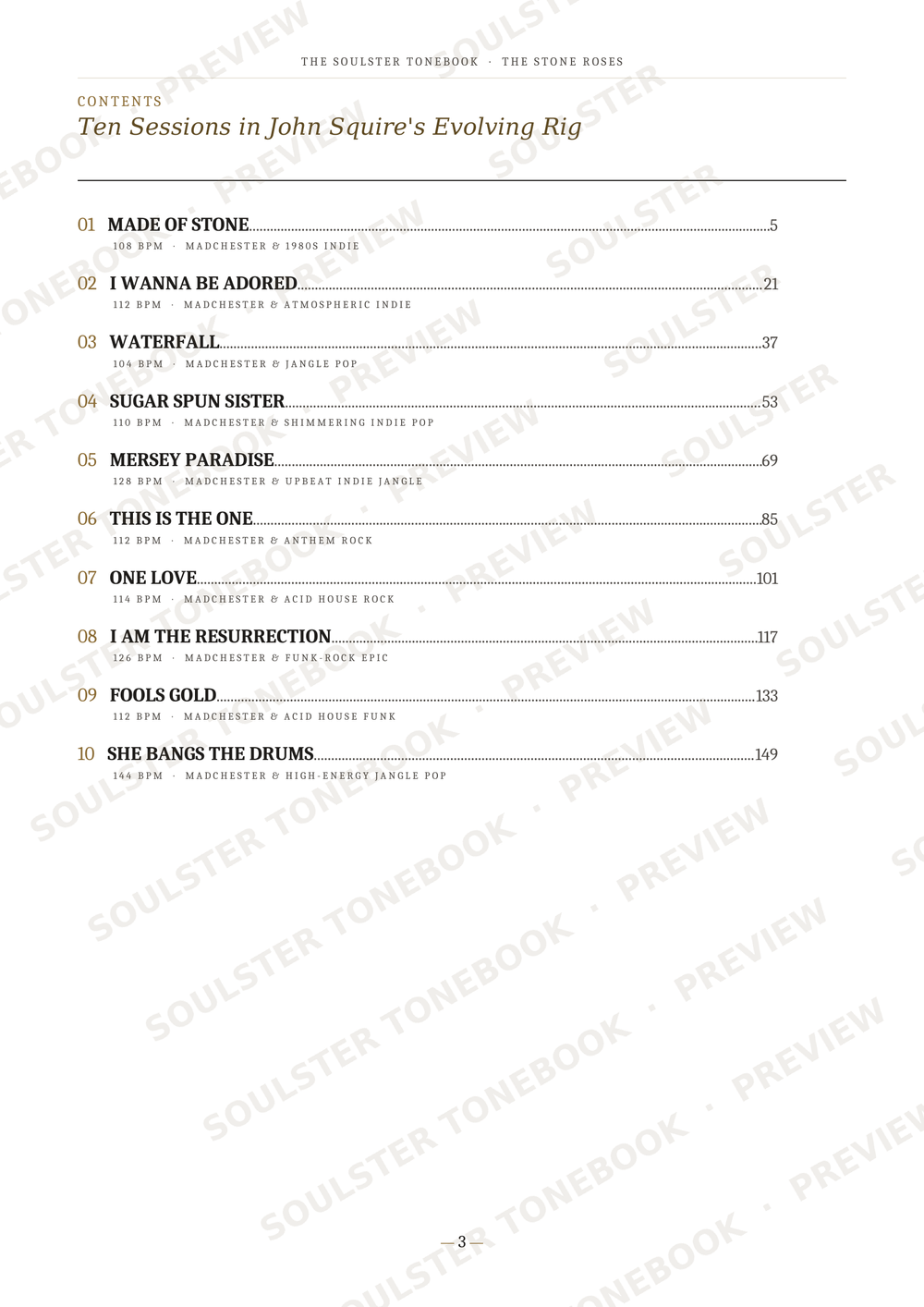 A printed table of contents page from a book titled 'Ten Sessions in John Squire's Evolving Rig' with song titles, page numbers, and repeated diagonal 'SOULSTER TONEBOOK PREVIEW' watermarks across the page.