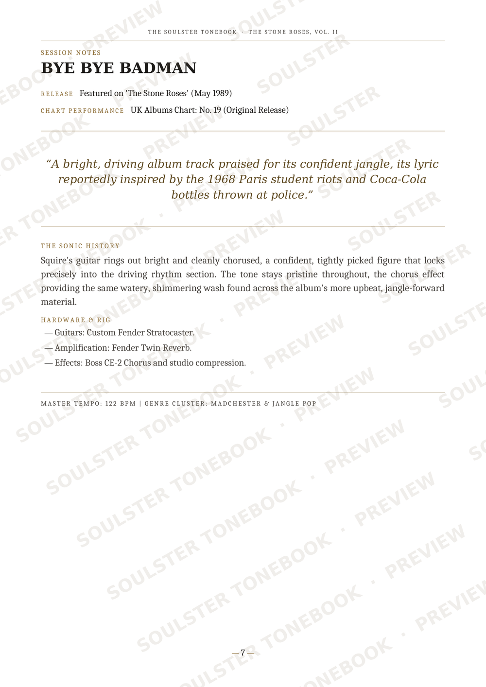 A single printed page from a music book or album liner notes, with black text on a white page and repeated diagonal Soulzter TONEBOOK watermarks across the page. The page prominently features the title 'BYE BYE BADMAN' and several paragraphs of descriptive text.