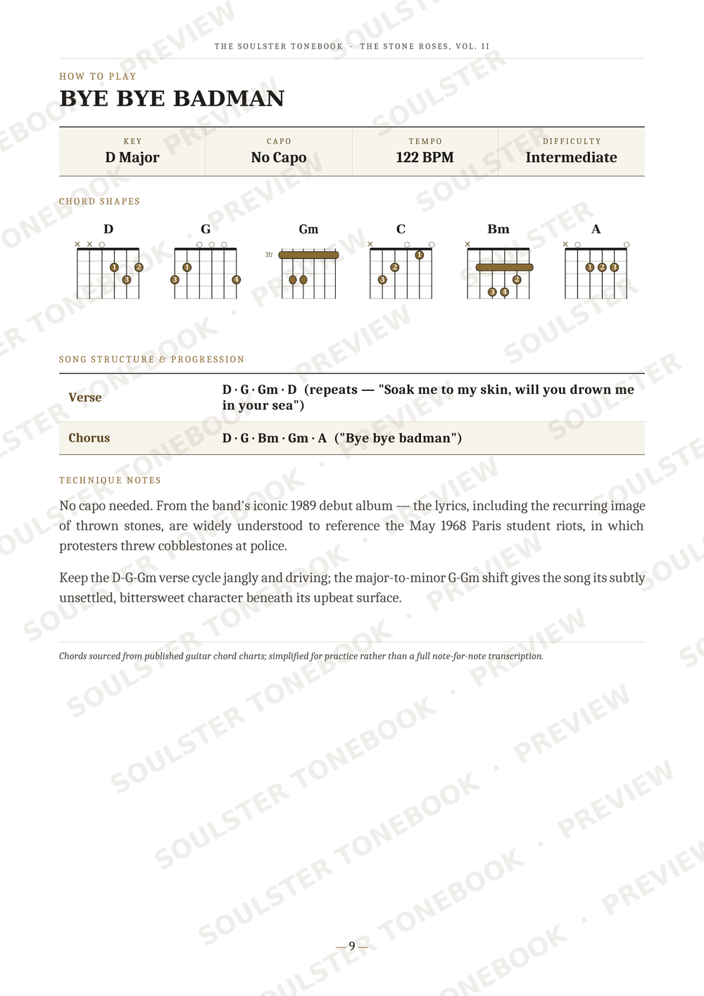 A guitar chord chart page for the song 'Bye Bye Badman' by The Bolsters Throes. The page displays D Major chords with fretboard diagrams for the major and minor variants, along with a verse and chorus section, set against a white background with diagonal watermark text.