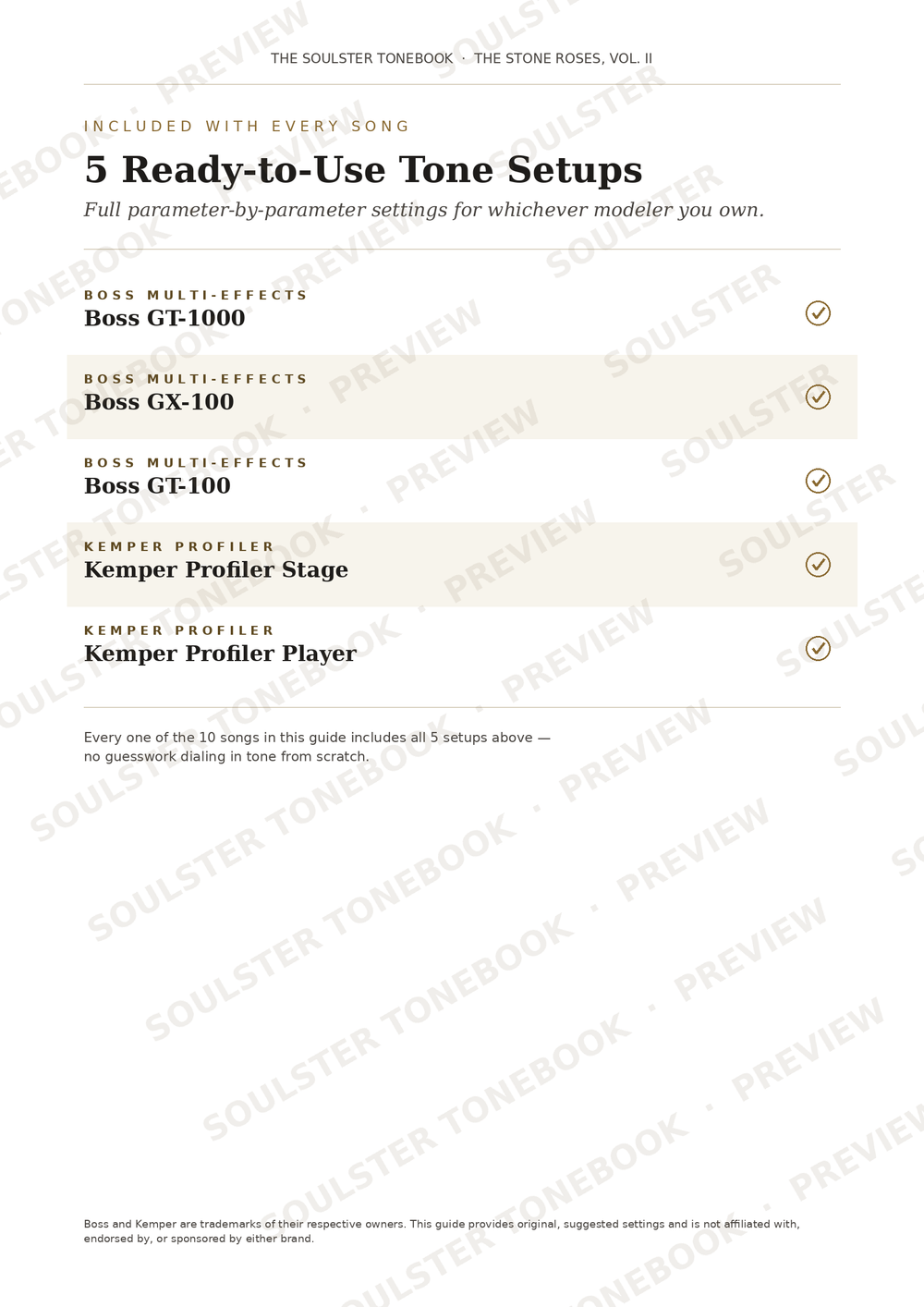 A digital preview page from Soul Tone Book 2, showing '5 Ready-to-Use Tone Setsups' with listed compatible models like Boss Multi-Effects, Kemper Profile, and various guitar models. The page features a clean white layout with black text and light beige highlighted sections, overlaid with diagonal 'SOUL TONE BOOK 2 PREVIEW' watermarks.
