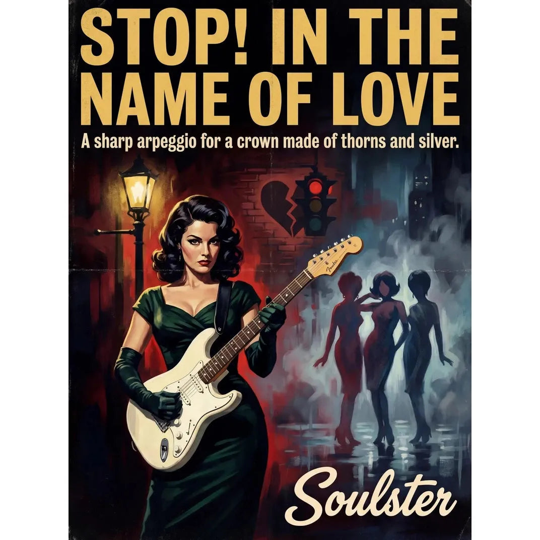 Soulster cinematic vintage pulp book cover art print illustration styled in a classic 1950s design layout inspired by Stop! In The Name Of Love.
