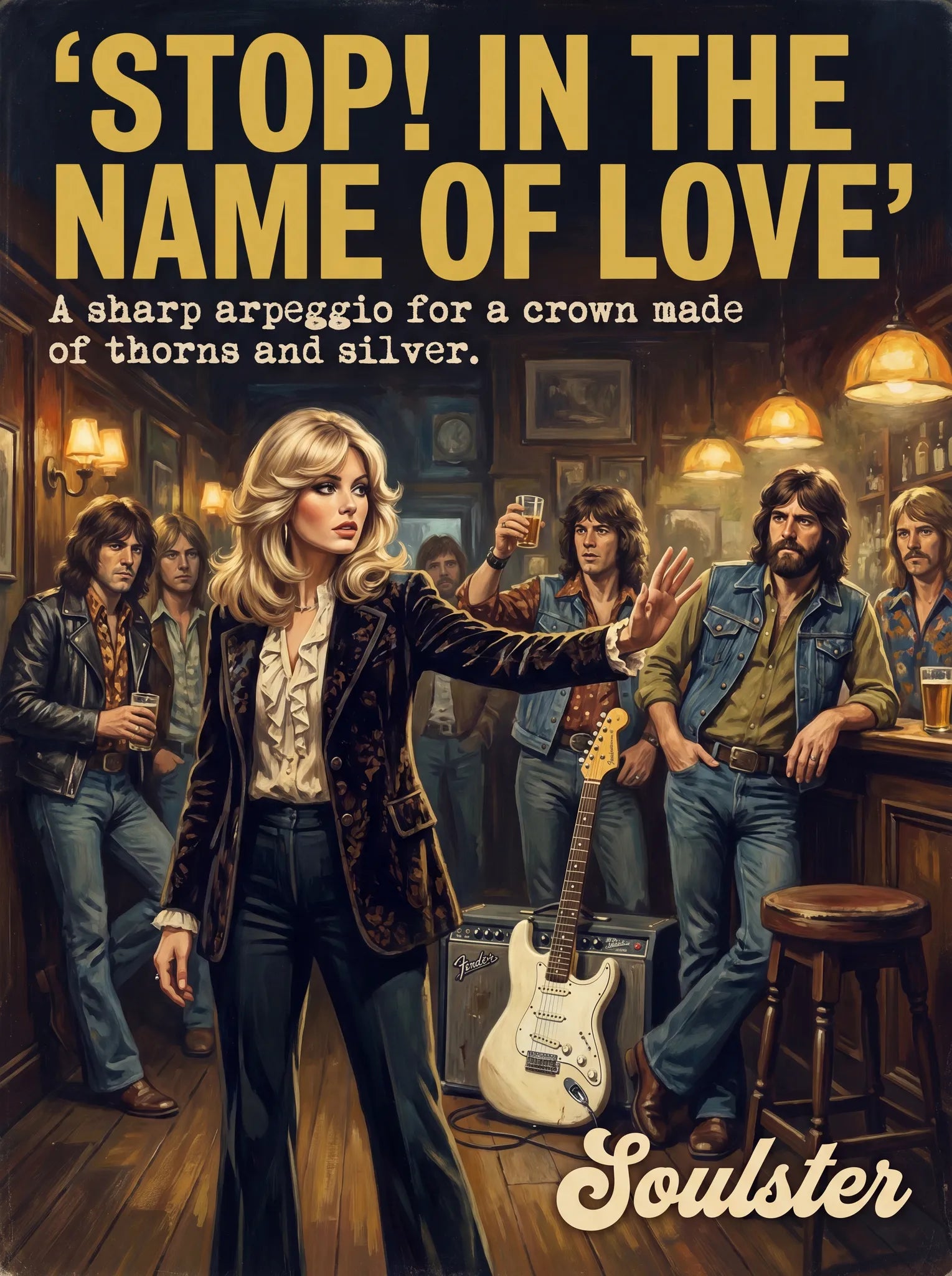 Soulster cinematic vintage pulp book cover art print illustration styled in a classic 1970s theme inspired by Stop! In The Name Of Love.