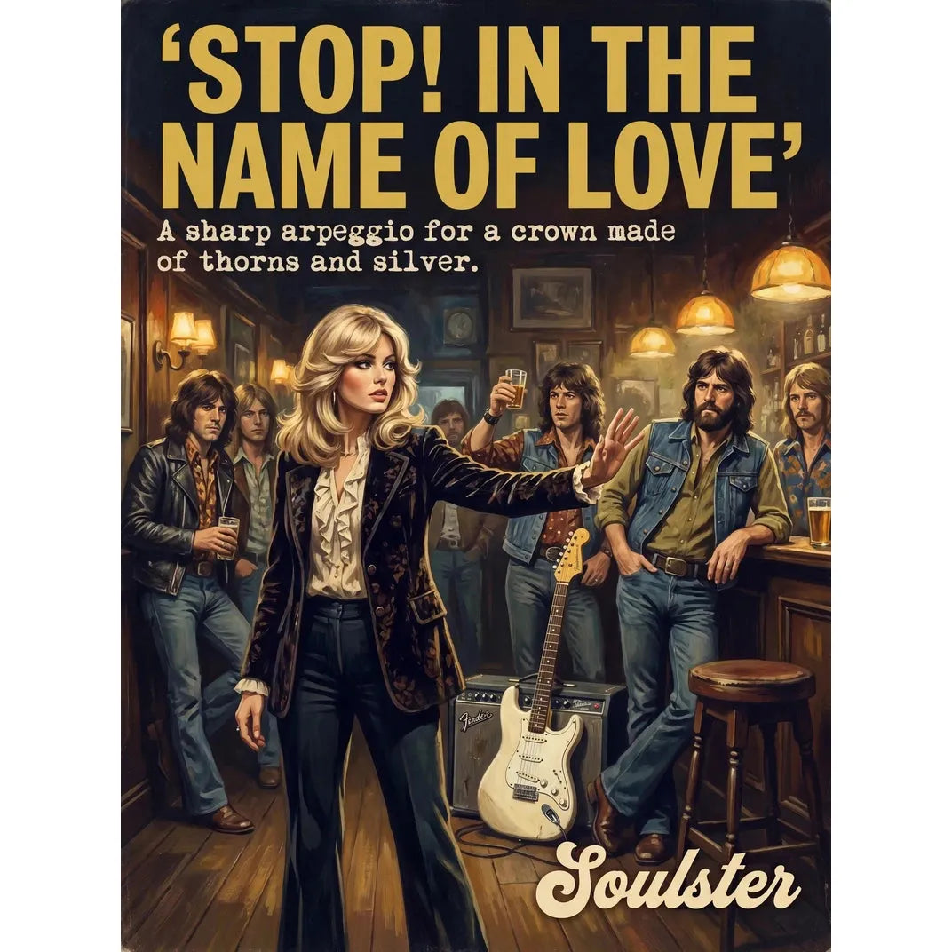 Soulster cinematic vintage pulp book cover art print illustration styled in a classic 1970s theme inspired by Stop! In The Name Of Love.