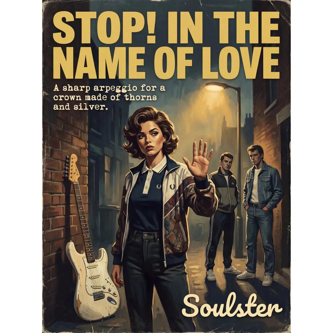 Soulster retro pulp thriller book cover style art print illustration inspired by Alternative Indie - Stop! In The Name Of Love.