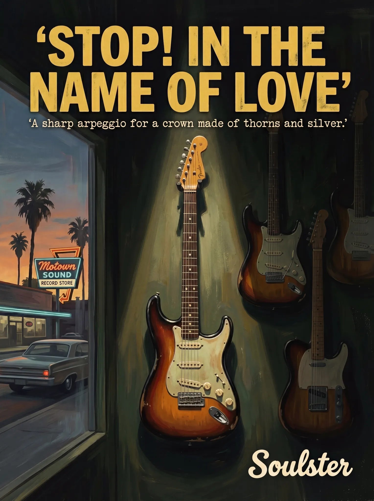 Soulster Manchester Edition wall art print showing a cinematic pulp style design of a Vintage Guitar inspired by Stop! In The Name Of Love - Los Angeles.