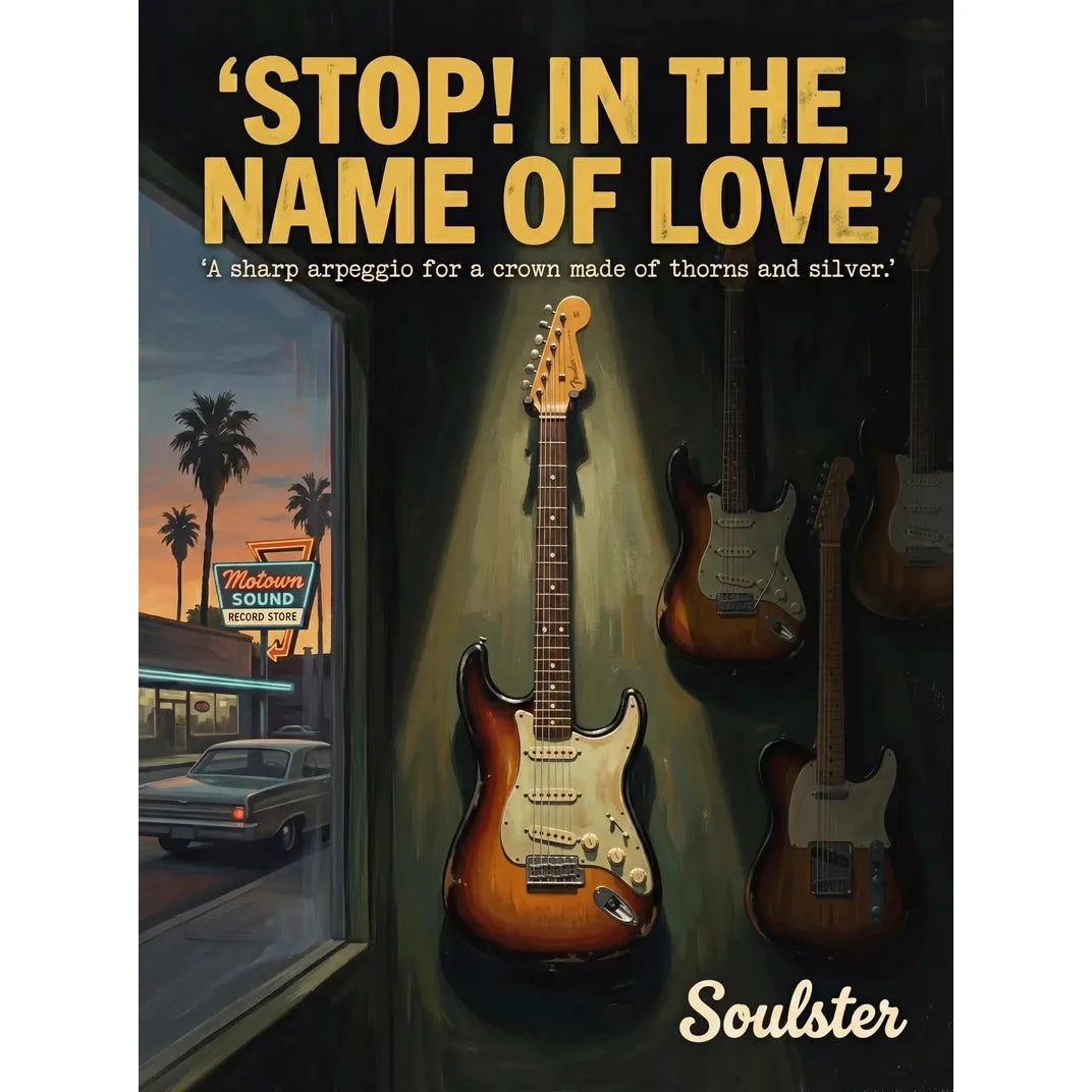 Soulster Manchester Edition wall art print showing a cinematic pulp style design of a Vintage Guitar inspired by Stop! In The Name Of Love - Los Angeles.