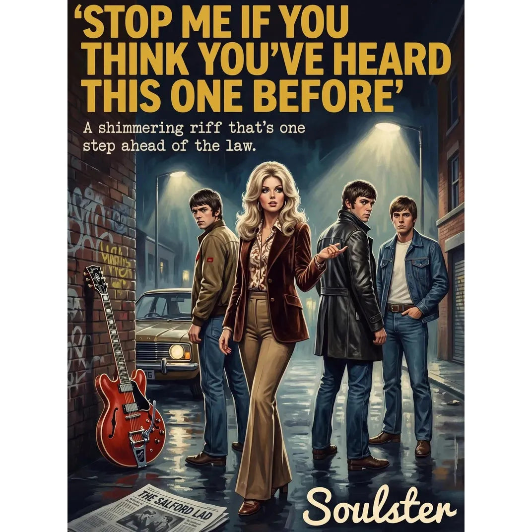 Soulster cinematic vintage pulp book cover art print illustration styled in a classic 1970s design layout inspired by Stop Me If You Think You've Heard This One Before.