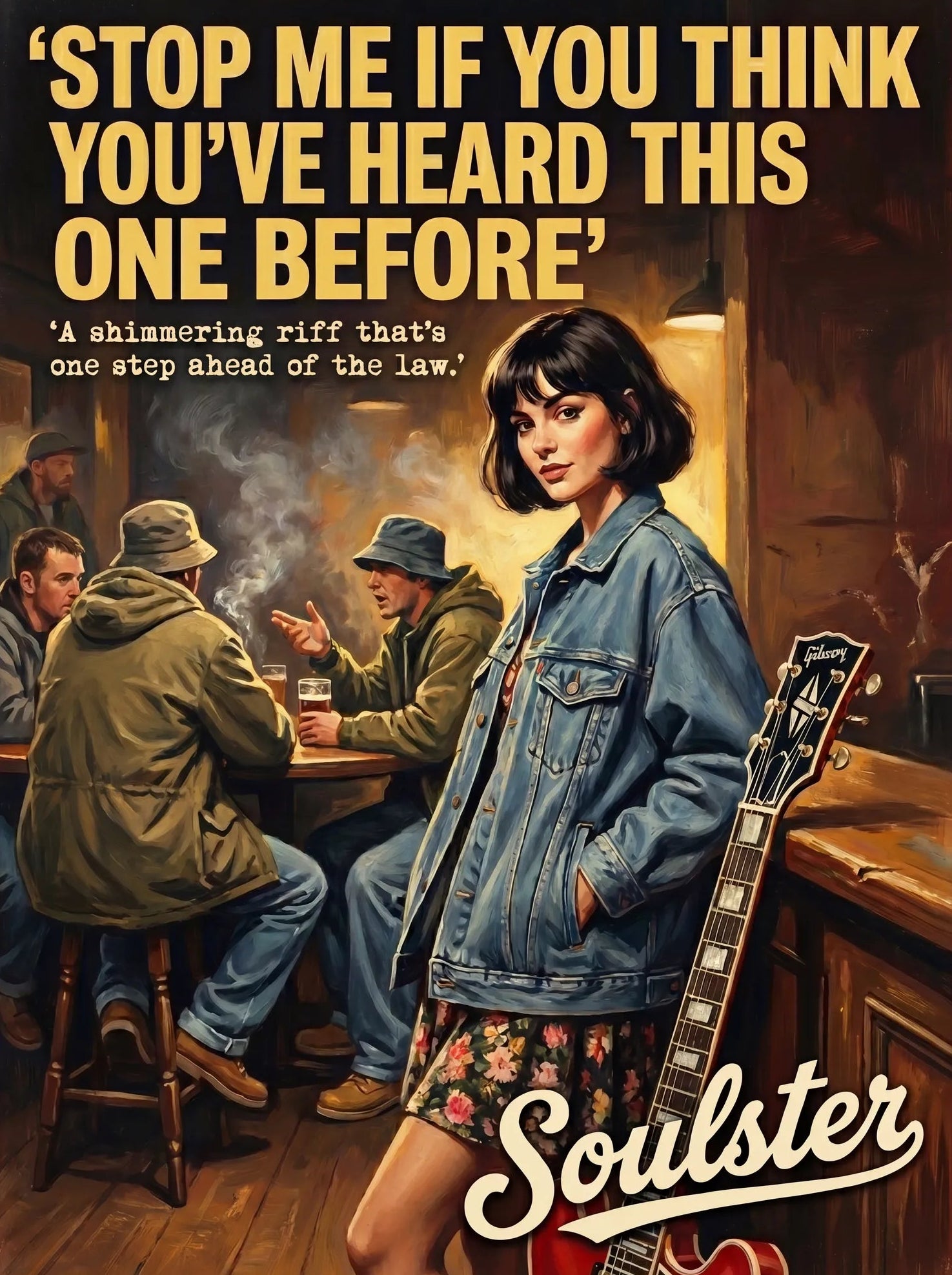 Soulster cinematic vintage pulp book cover art print illustration styled in a classic 1990s design layout inspired by Stop Me If You Think You've Heard This One Before.
