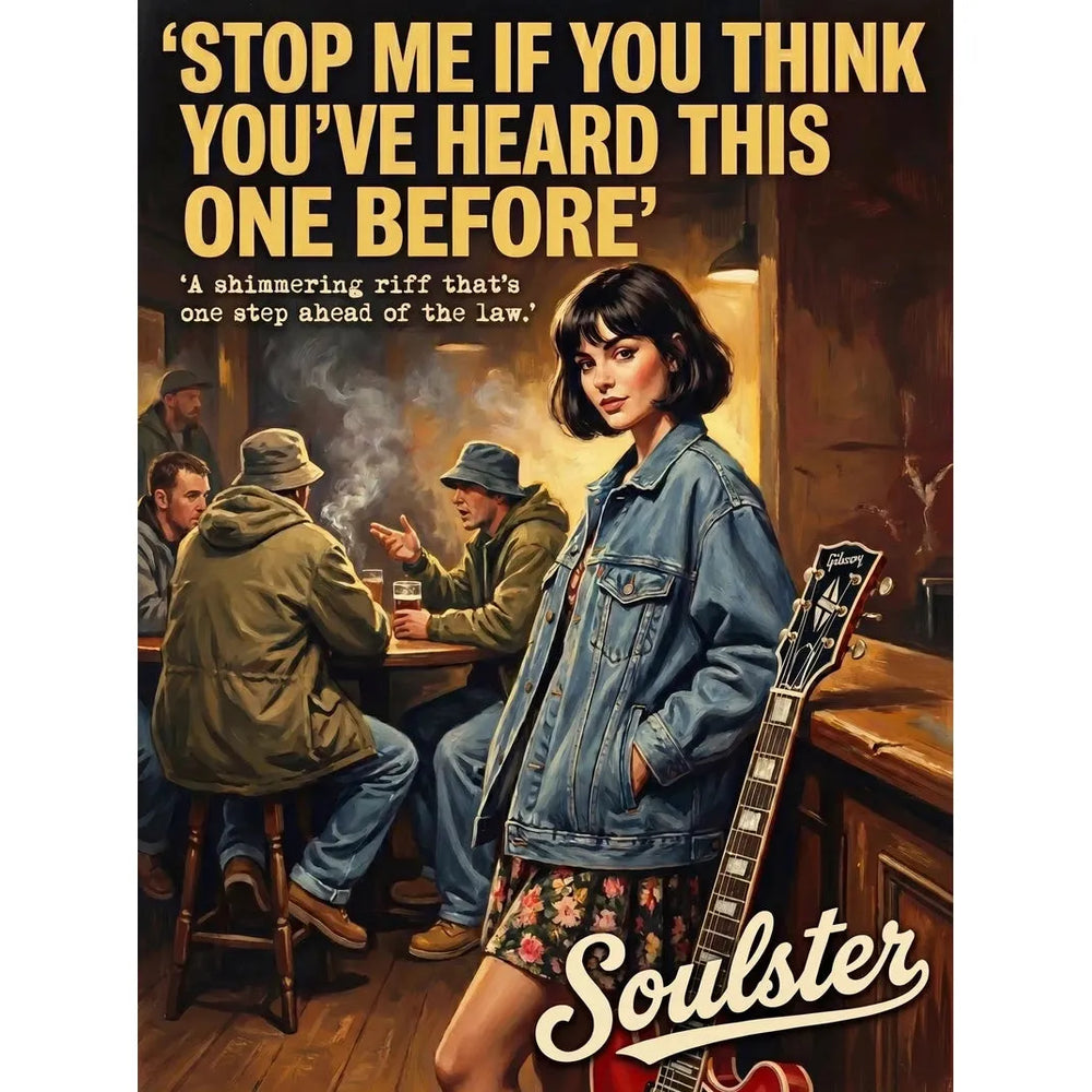 Soulster cinematic vintage pulp book cover art print illustration styled in a classic 1990s design layout inspired by Stop Me If You Think You've Heard This One Before.