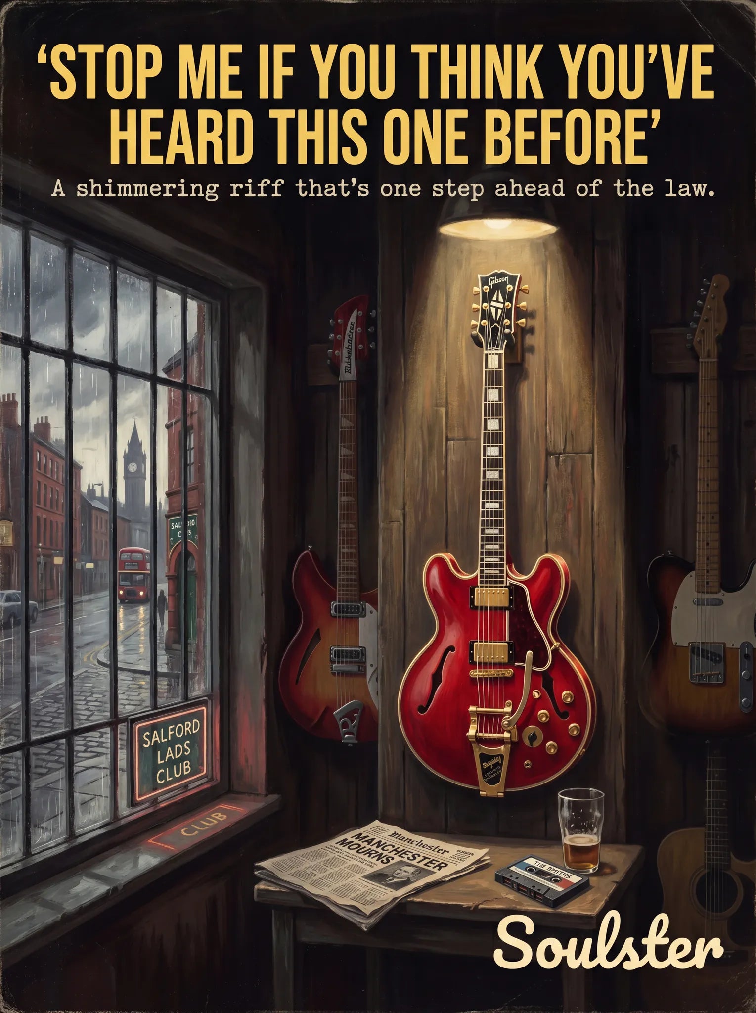 Soulster Manchester Edition wall art print showing a cinematic pulp style design of a Gibson ES-355 Custom inspired by Stop Me If You Think You've Heard This One Before.