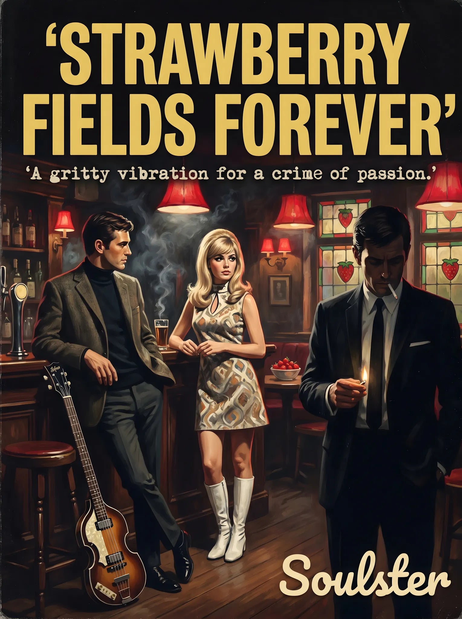 Soulster cinematic vintage pulp book cover art print illustration styled in a classic 1960s design layout inspired by Strawberry Fields Forever.