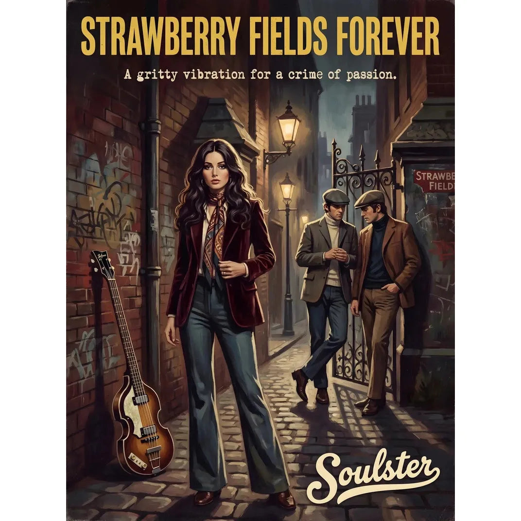 Soulster cinematic vintage pulp book cover art print illustration styled in a classic 1970s design layout inspired by Strawberry Fields Forever.