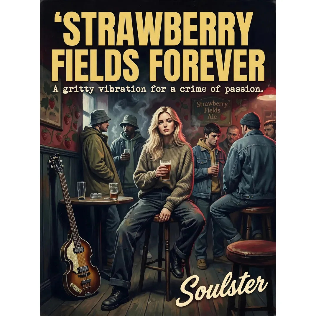 Soulster cinematic vintage pulp book cover art print illustration styled in a classic 1990s design layout inspired by Strawberry Fields Forever.