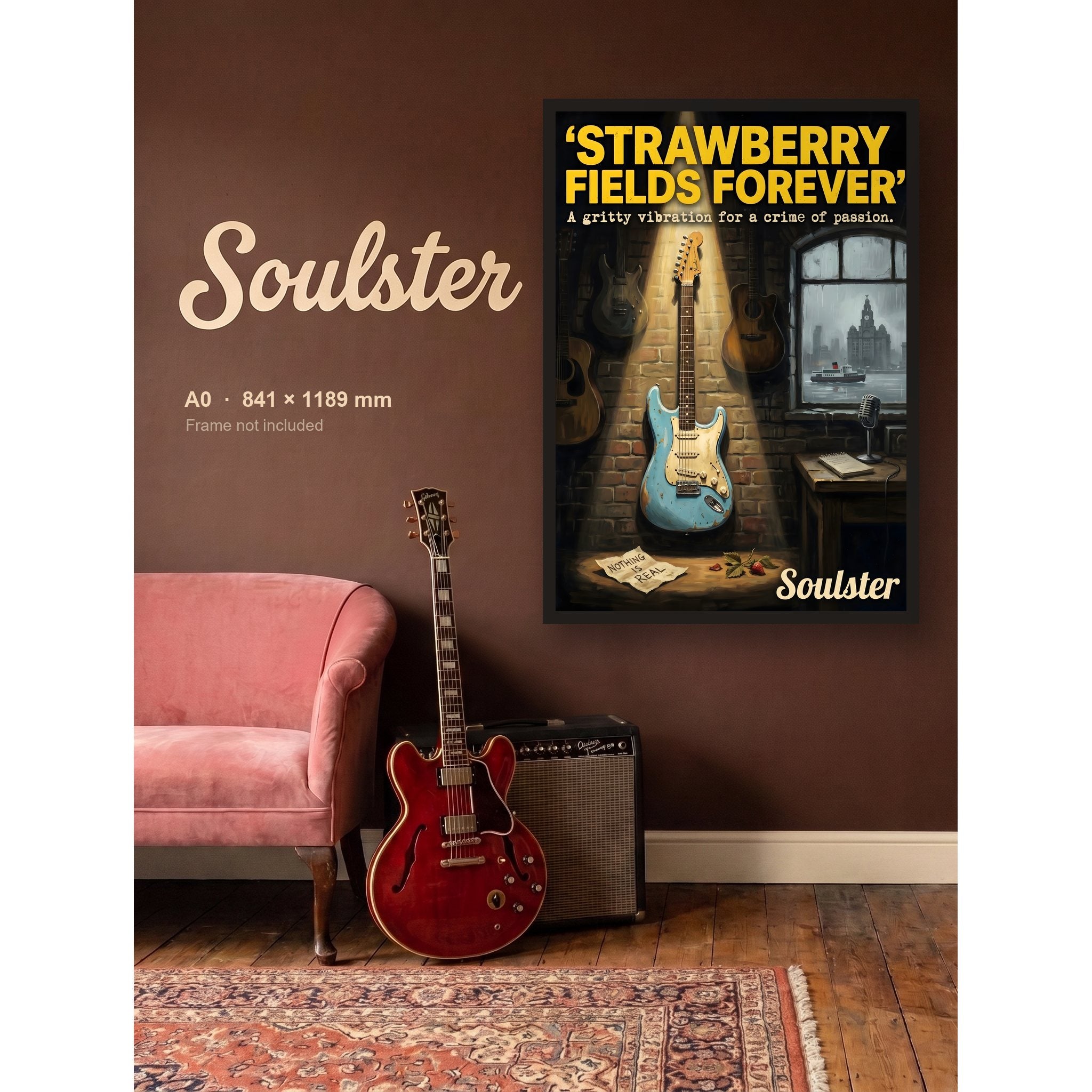 Strawberry Fields Forever - Liverpool shown framed on a wall in A0 size. Frame not included.