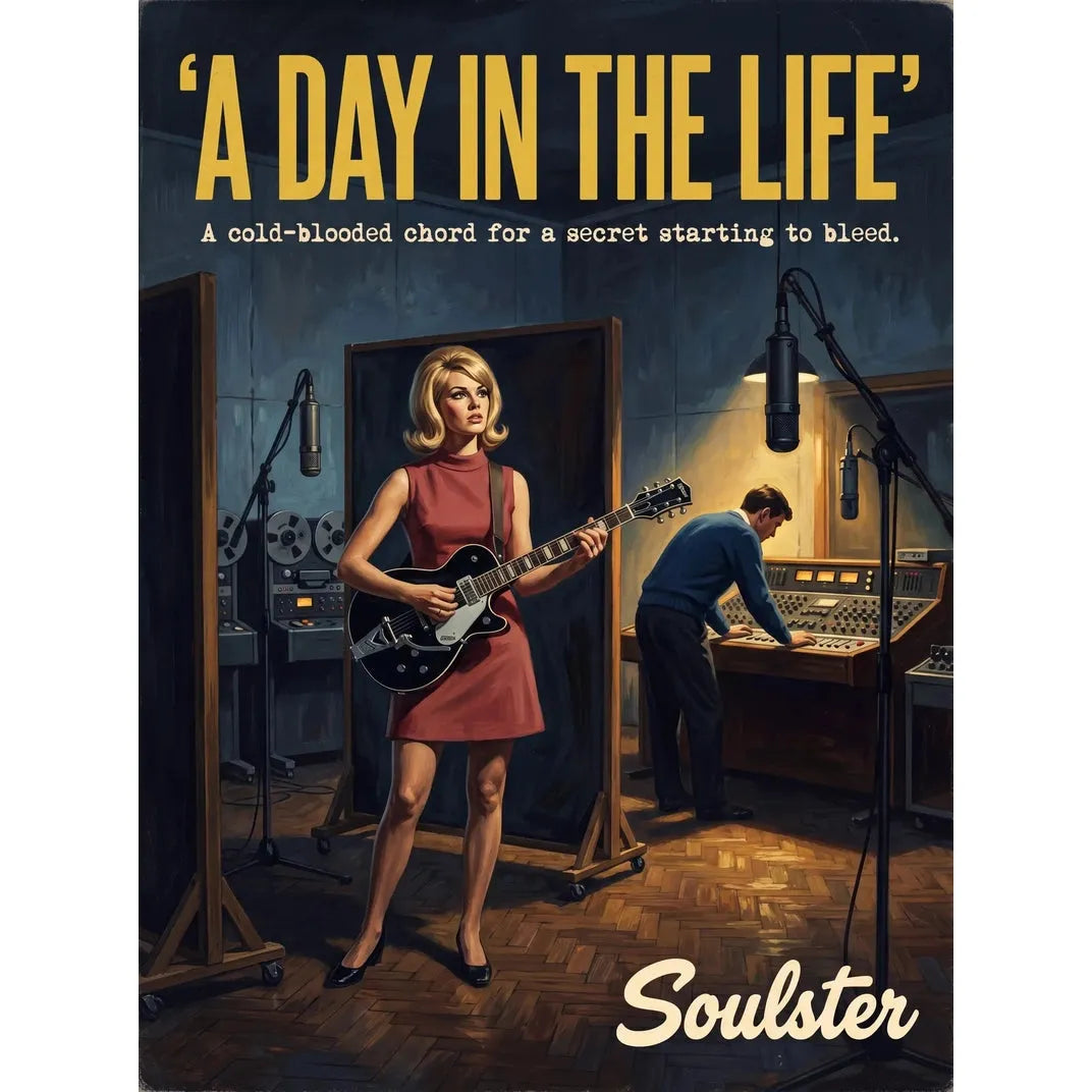 Premium Soulster studio wall art print featuring a mid-century vintage book cover aesthetic inspired by The Beatles - A Day In The Life.