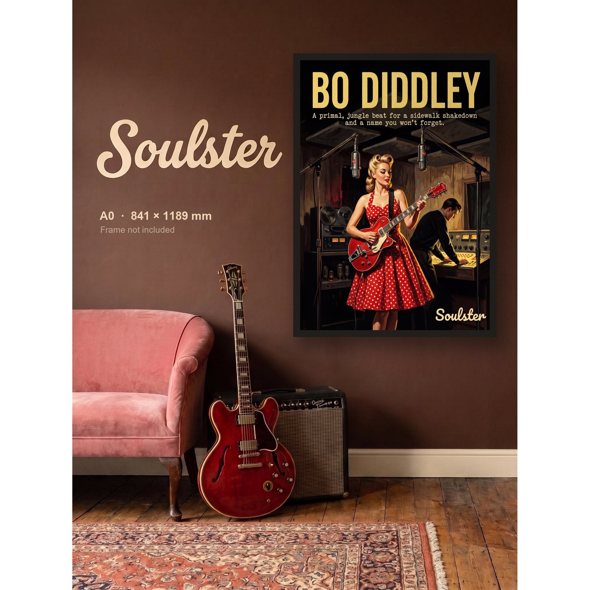 Bo Diddley - Studio Print shown framed on a wall in A0 size. Frame not included.