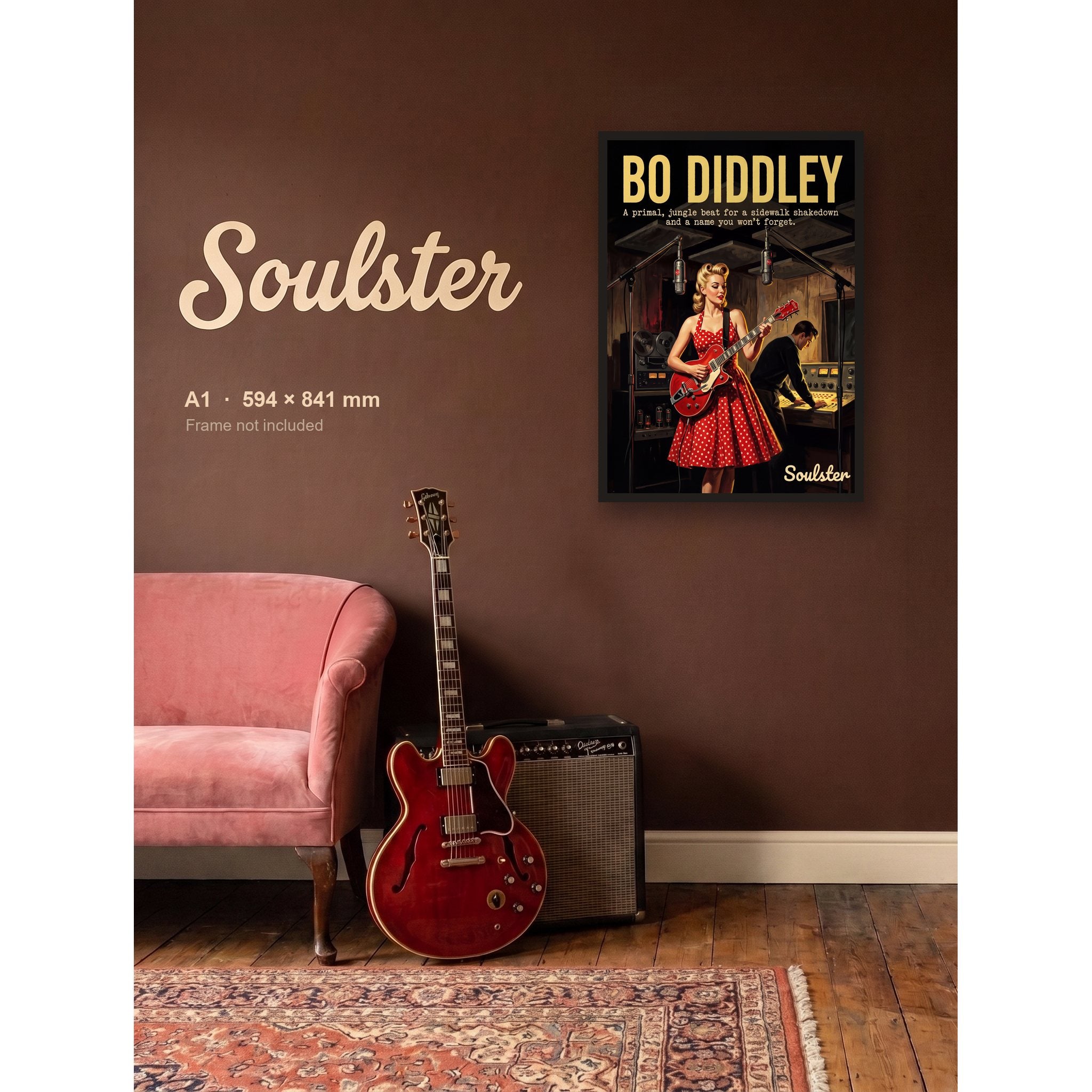 Bo Diddley - Studio Print shown framed on a wall in A1 size. Frame not included.