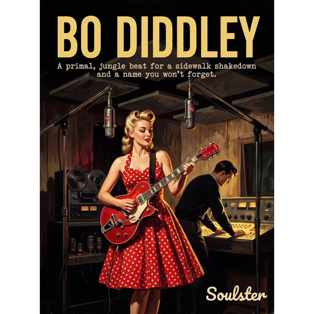Premium Soulster studio wall art print featuring a mid-century vintage book cover aesthetic inspired by Alternative Indie - Bo Diddley.