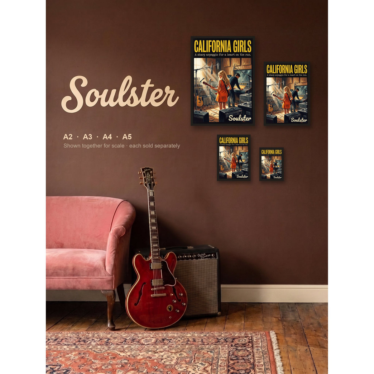 California Girls - Studio Print shown in A2, A3, A4 and A5 sizes together for scale.