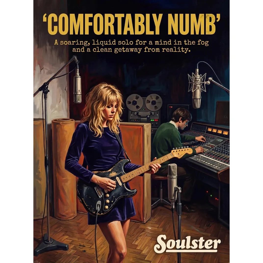 Premium Soulster studio wall art print featuring a mid-century vintage book cover aesthetic inspired by Pink Floyd - Comfortably Numb.