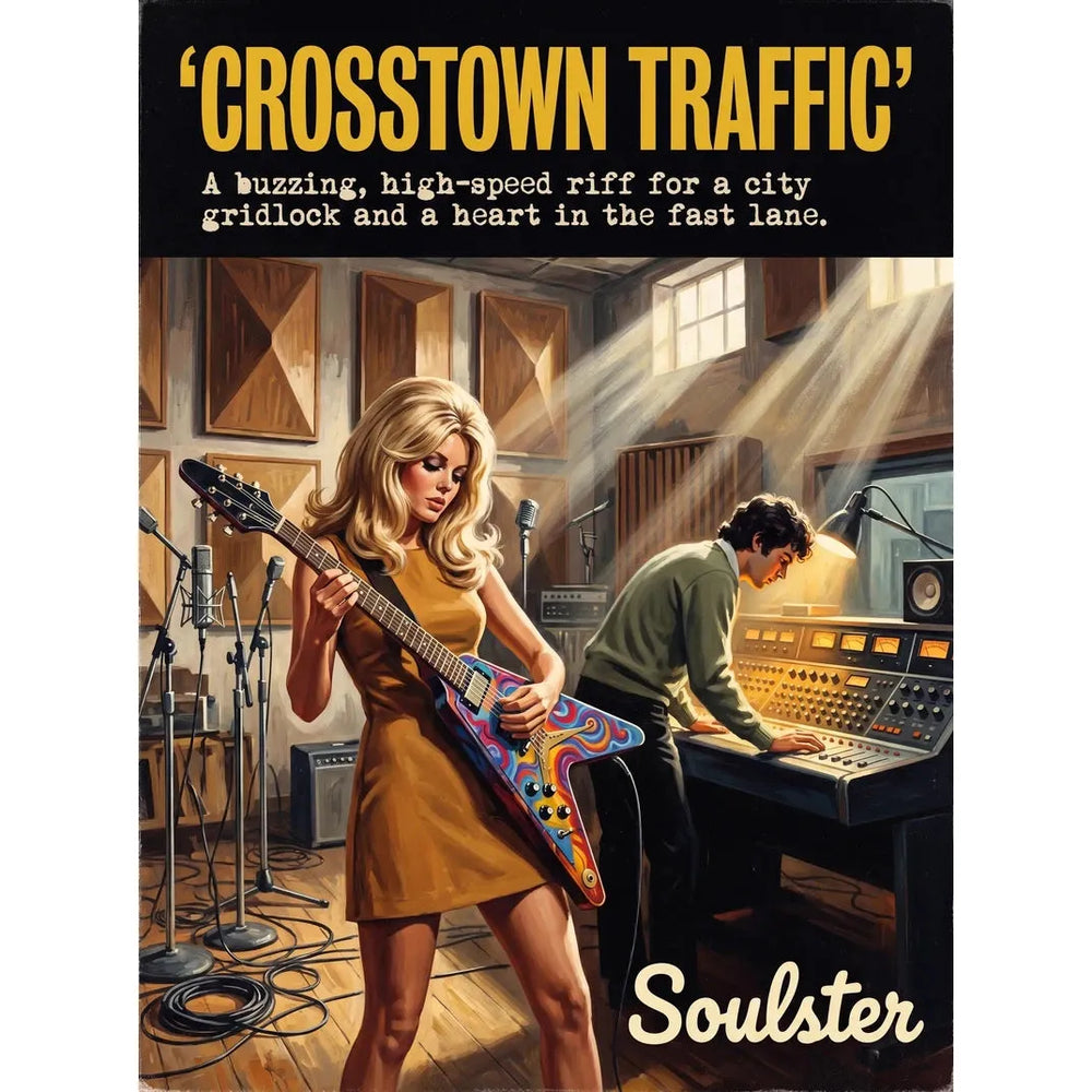 Premium Soulster studio wall art print featuring a mid-century vintage book cover aesthetic inspired by Alternative Indie - Crosstown Traffic.