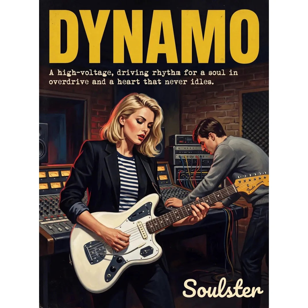 Premium Soulster studio wall art print featuring a mid-century vintage book cover aesthetic inspired by Johnny Marr - Dynamo.