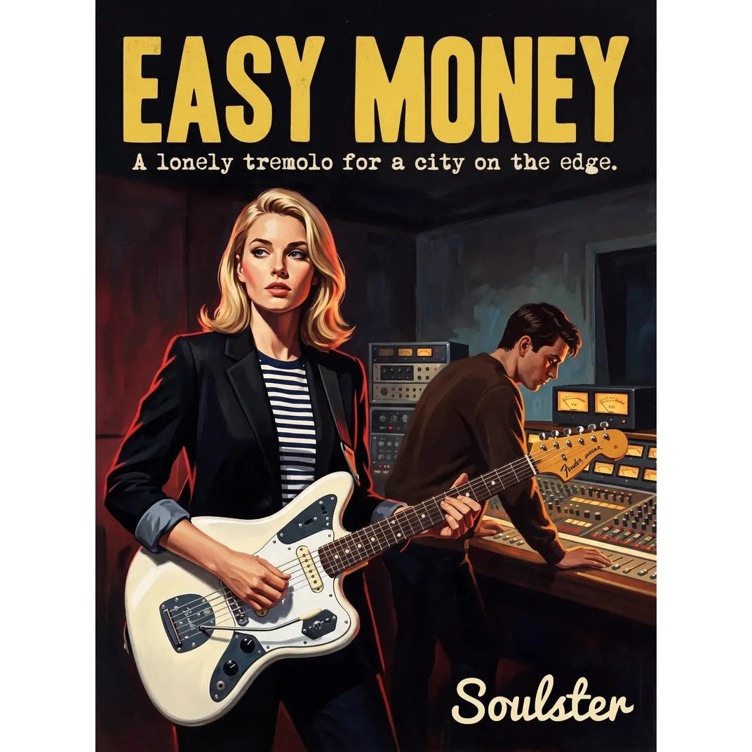 Premium Soulster studio wall art print featuring a mid-century vintage book cover aesthetic inspired by Johnny Marr - Easy Money.
