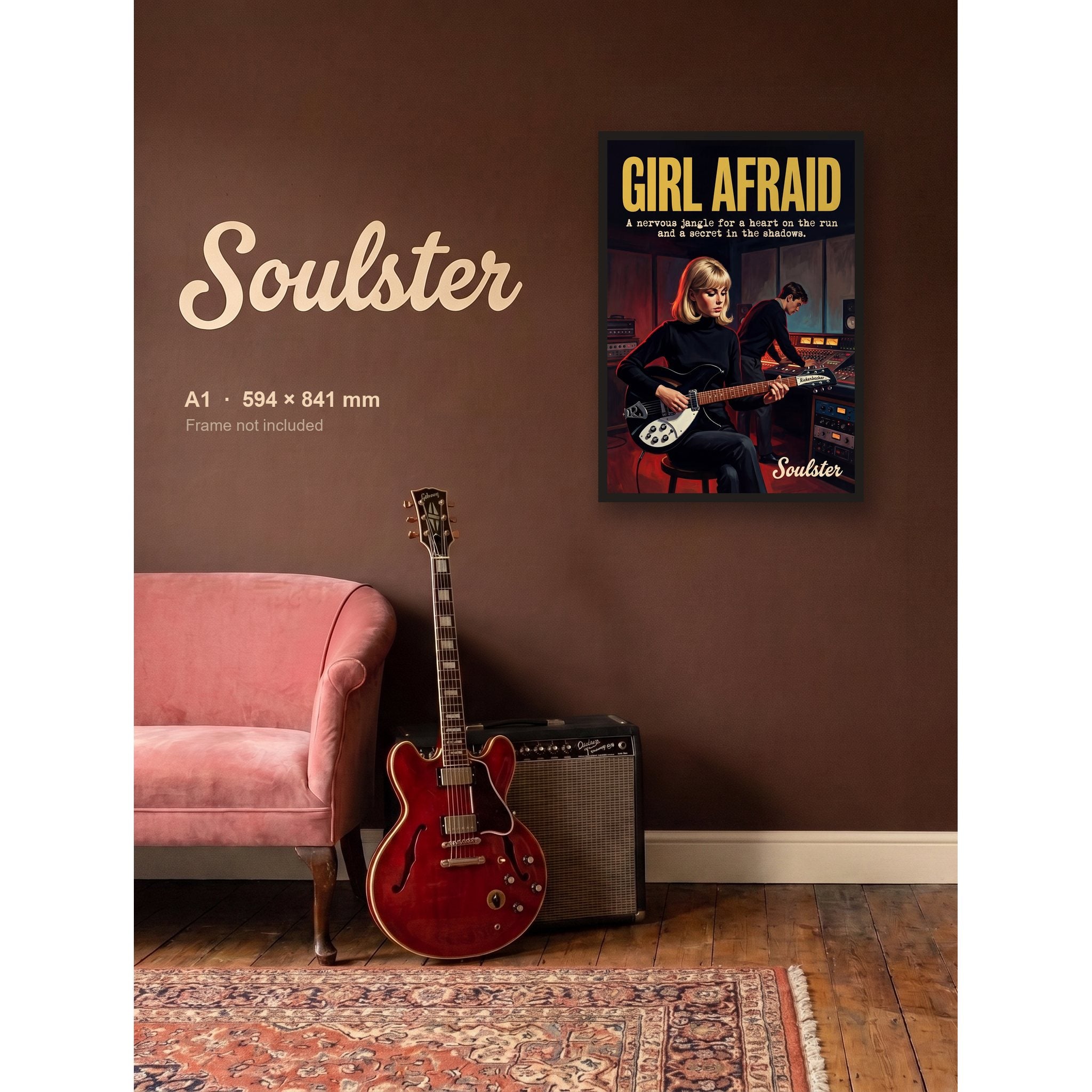 Girl Afraid - Studio Print shown framed on a wall in A1 size. Frame not included.