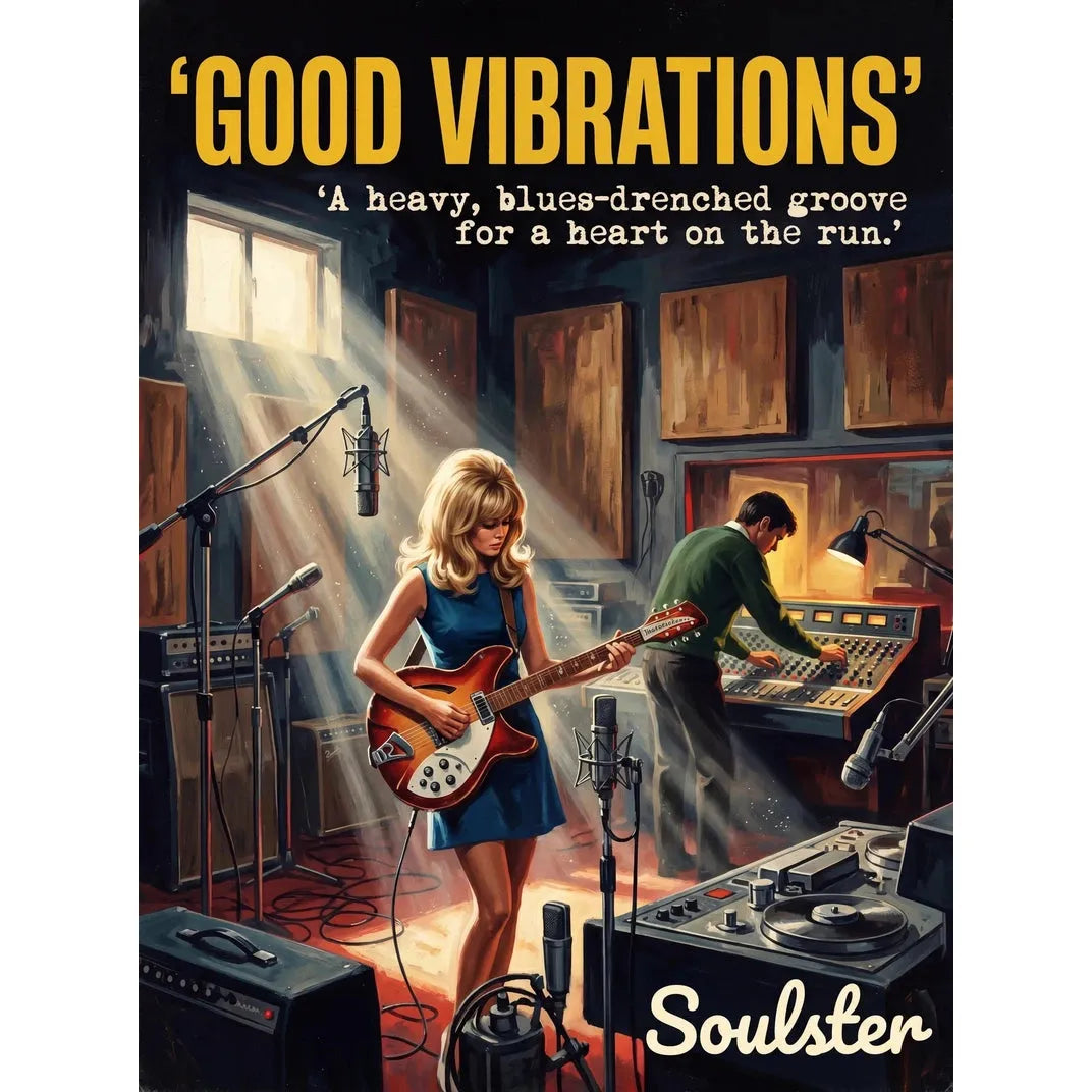 Premium Soulster studio wall art print featuring a mid-century vintage book cover aesthetic inspired by Alternative Indie - Good Vibrations.
