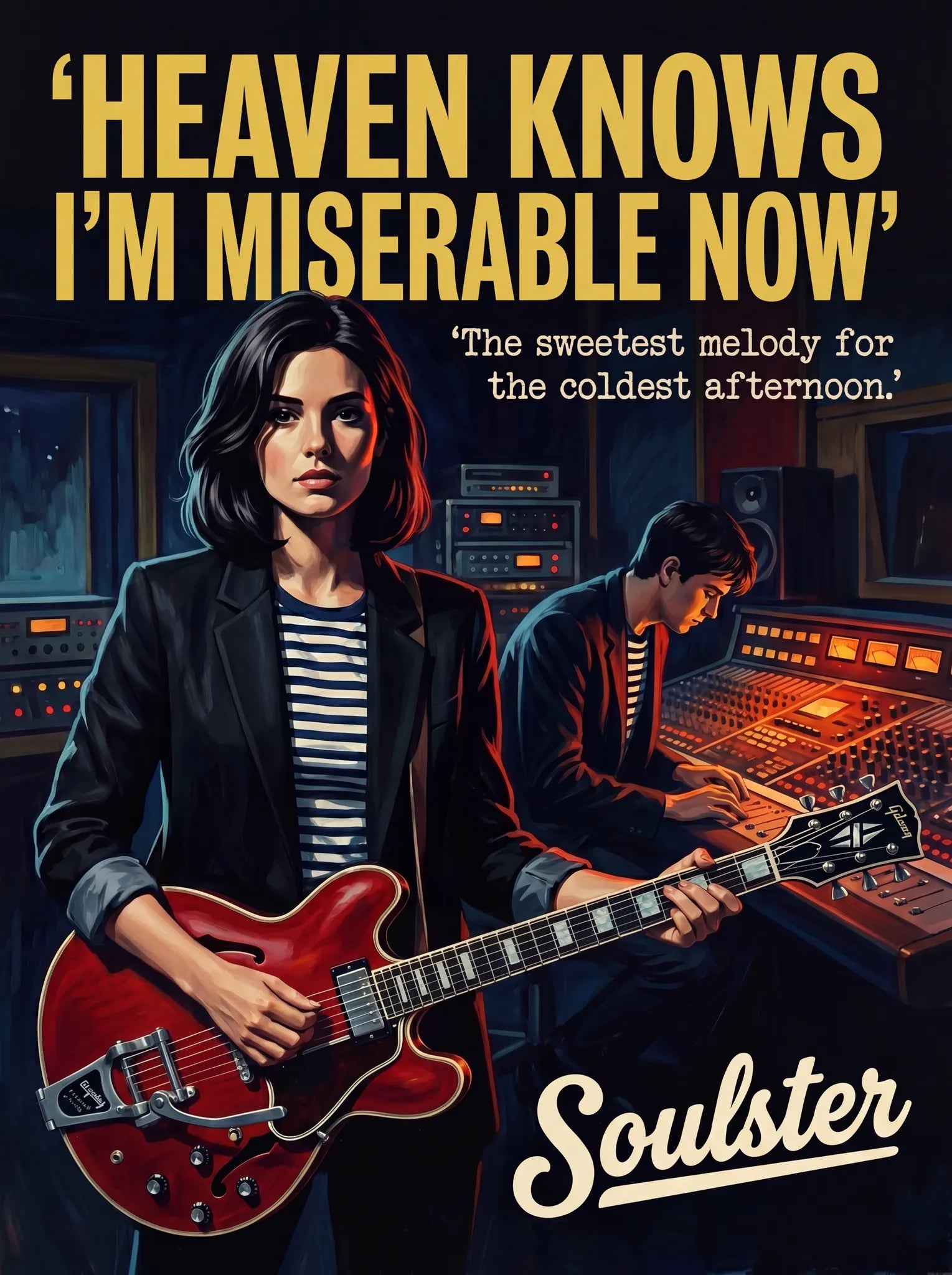 Premium Soulster studio wall art print featuring a mid-century vintage book cover aesthetic inspired by The Smiths - Heaven Knows I'm Miserable Now.