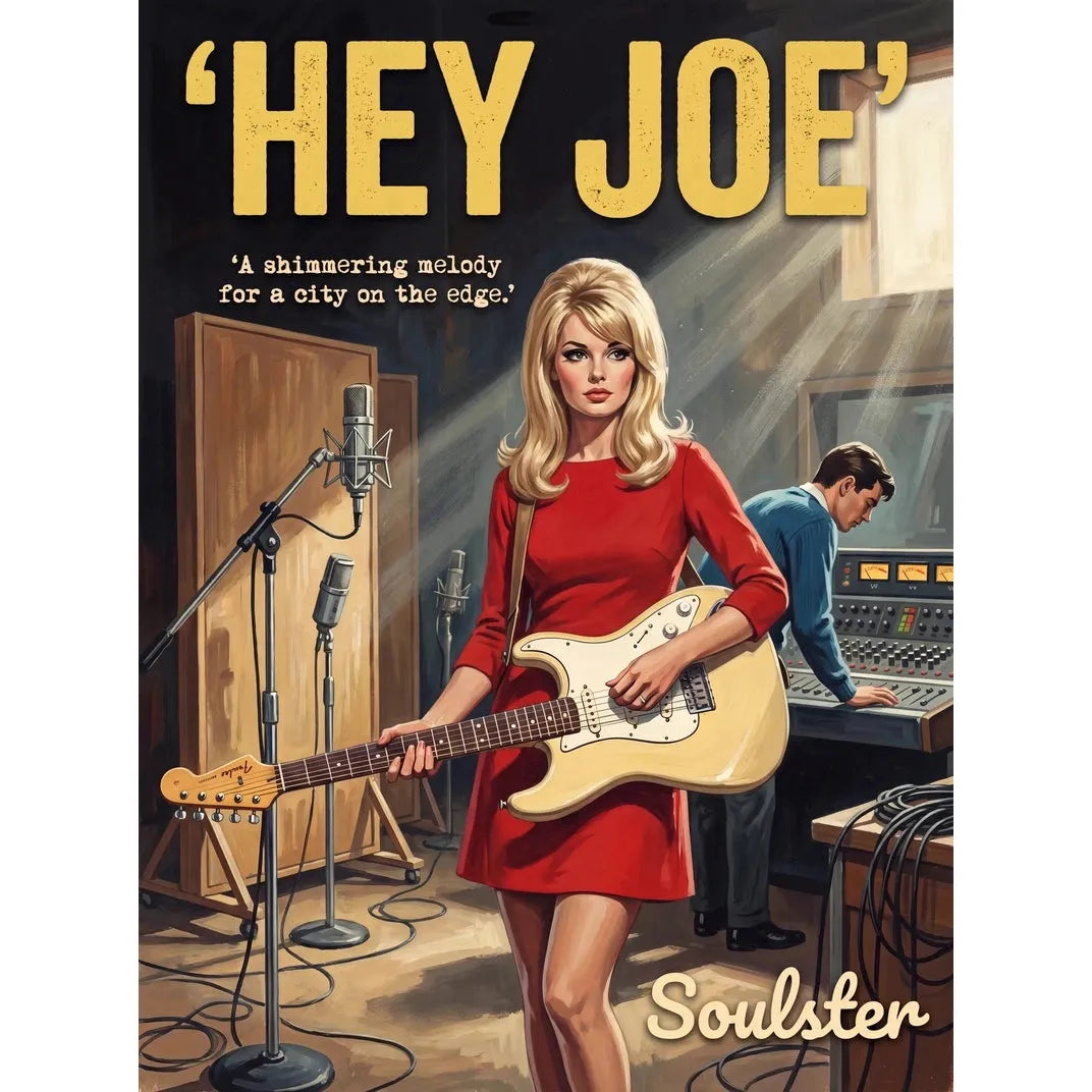 Premium Soulster studio wall art print featuring a mid-century vintage book cover aesthetic inspired by Alternative Indie - Hey Joe.