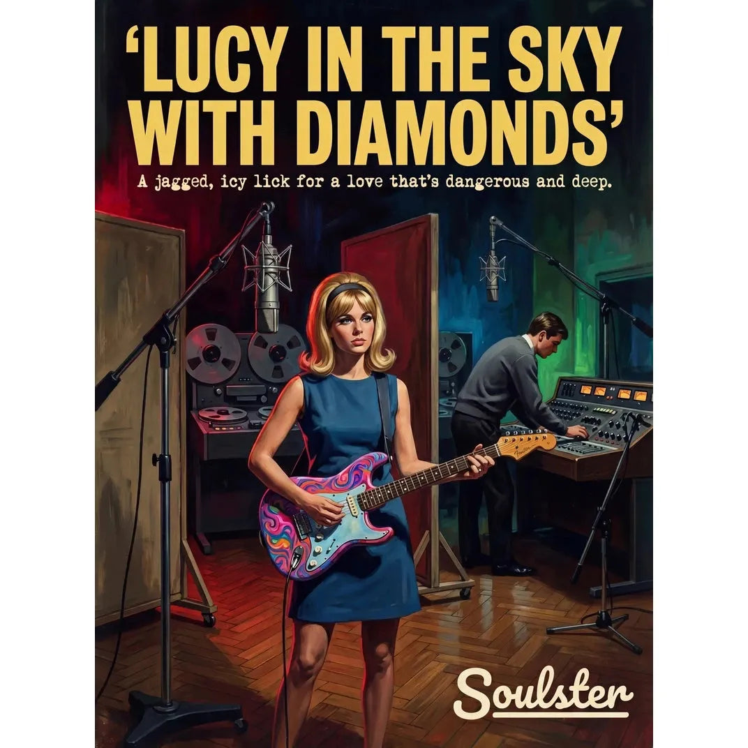 Premium Soulster studio wall art print featuring a mid-century vintage book cover aesthetic inspired by The Beatles - Lucy In The Sky With Diamonds.