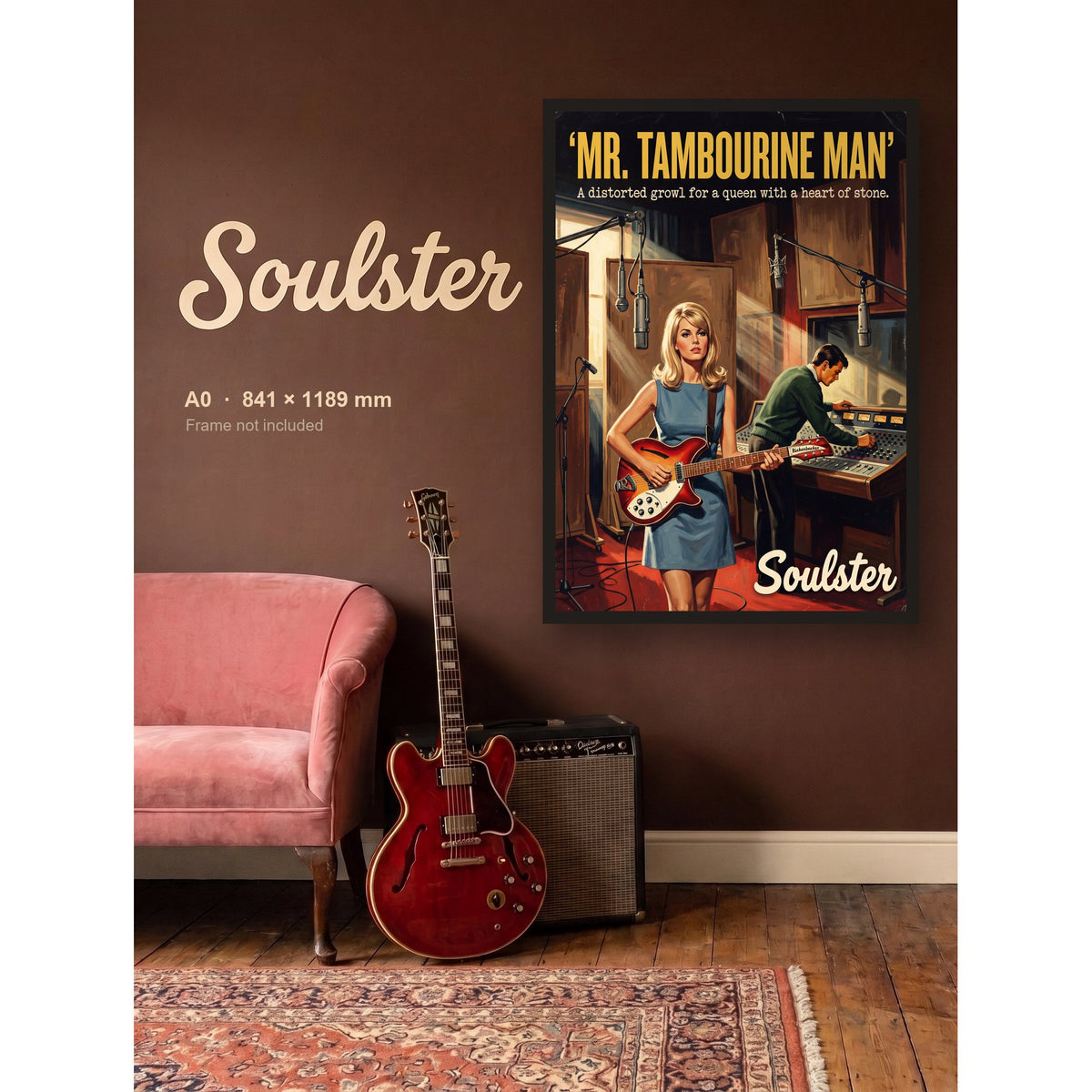 Mr. Tambourine Man - Studio Print shown framed on a wall in A0 size. Frame not included.