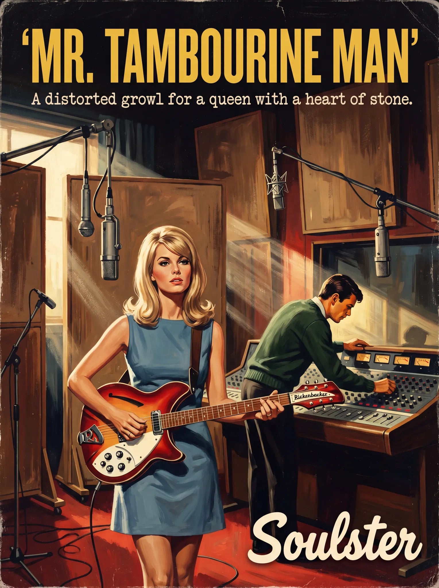 Premium Soulster studio wall art print featuring a mid-century vintage book cover aesthetic inspired by Alternative Indie - Mr. Tambourine Man.