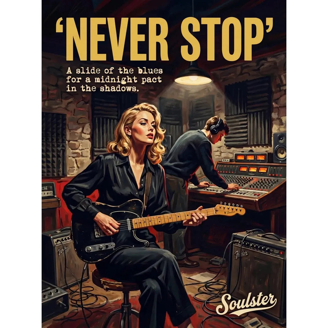 Premium Soulster studio wall art print featuring a mid-century vintage book cover aesthetic inspired by Alternative Indie - Never Stop.