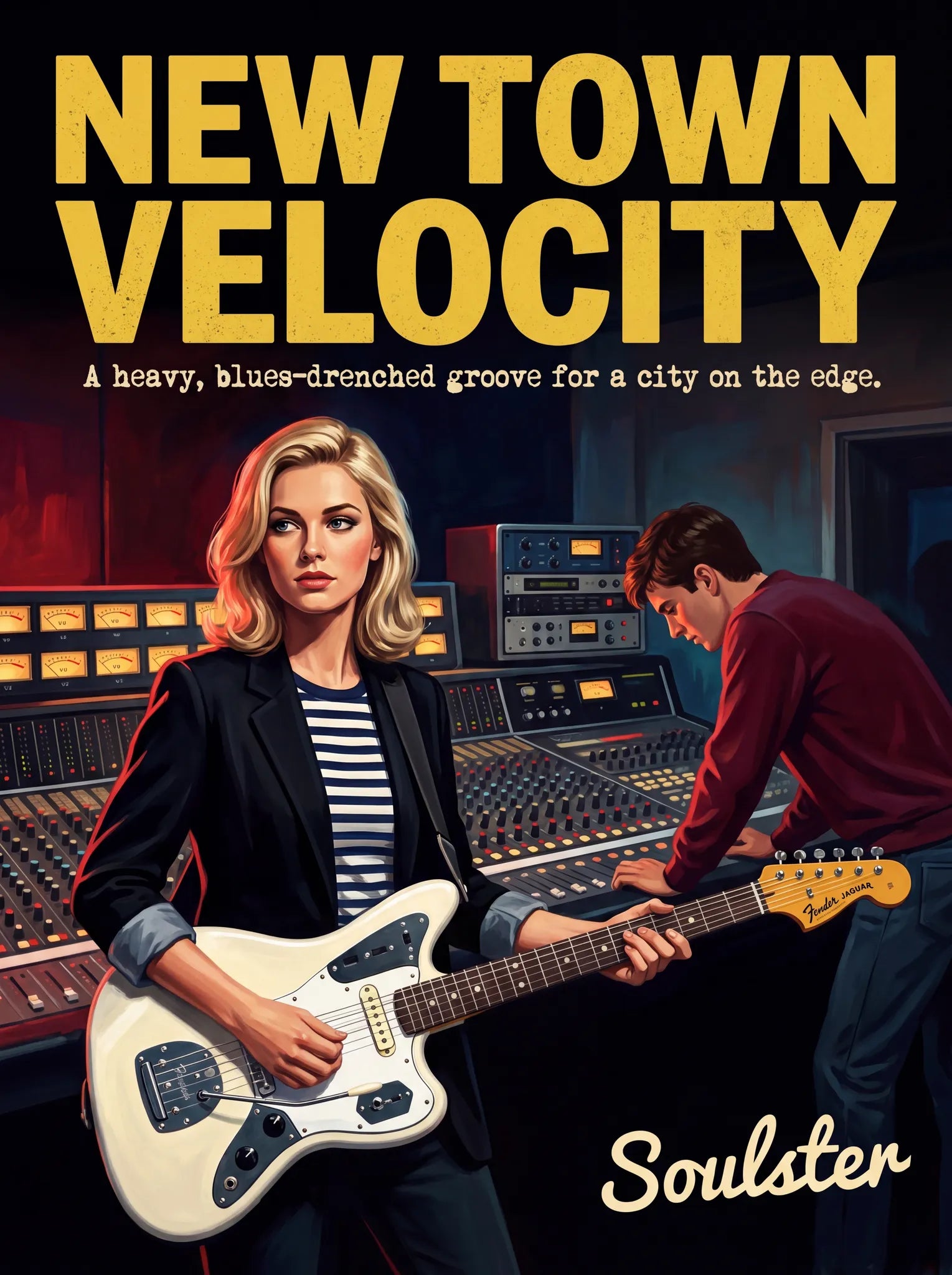 Premium Soulster studio wall art print featuring a mid-century vintage book cover aesthetic inspired by Johnny Marr - New Town Velocity.