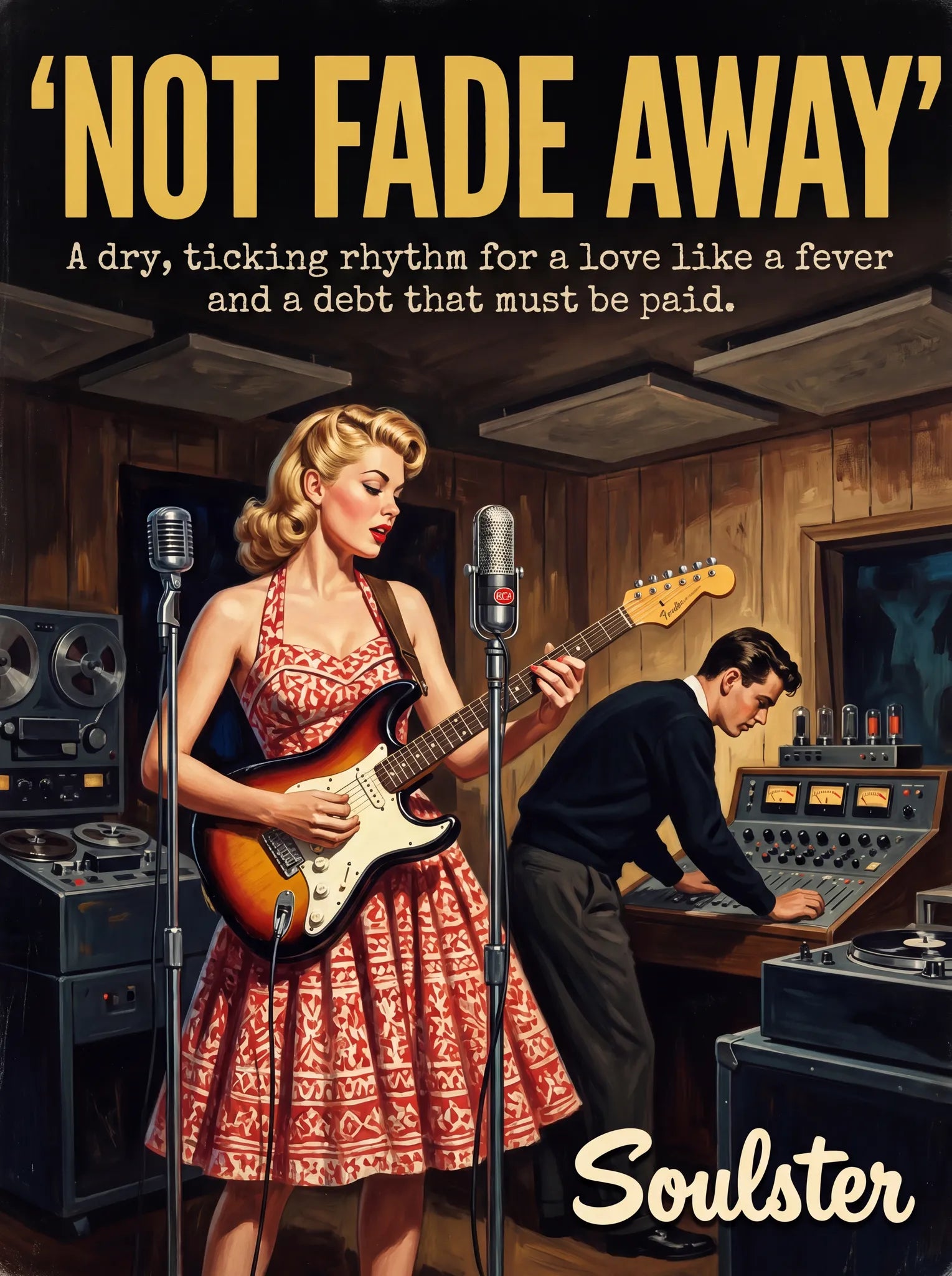 Premium Soulster studio wall art print featuring a mid-century vintage book cover aesthetic inspired by Alternative Indie - Not Fade Away.